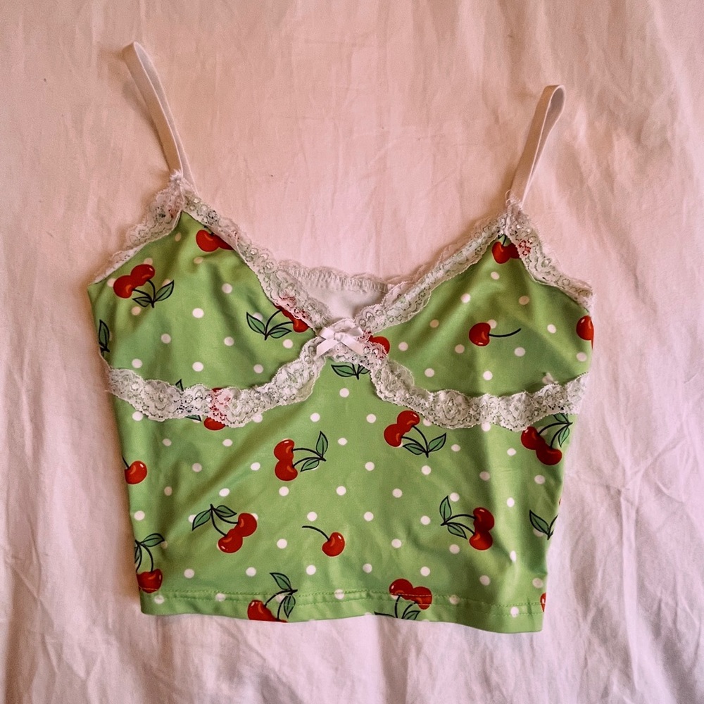CUTE CHERRY LACE CAMI CROP TOP